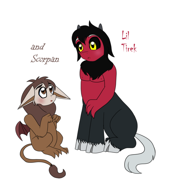 Size: 4246x4423 | Tagged: artist:chibi-n92, blushing, brothers, cute, derpibooru import, diascorpes, duo, floppy ears, lord tirek, male, safe, scorpan, siblings, simple background, tirebetes, transparent background, younger