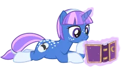 Size: 1748x1021 | Tagged: safe, artist:lightning stripe, derpibooru import, oc, oc:everstar, pony, unicorn, blue, blue coat, book, cutie mark, dappled, freckles, headband, horn, lying, lying down, magic, magic aura, purple eyes, purple mane, reading, short hair, short mane, show accurate, simple background, socks (coat marking), solo, tail band, thinking, transparent background