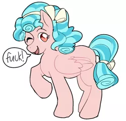 Size: 500x482 | Tagged: safe, artist:doctorcoat, derpibooru import, cozy glow, pegasus, pony, dialogue, female, fuck, heart eyes, missing cutie mark, one eye closed, one word, open mouth, pure concentrated unfiltered evil of the utmost potency, pure unfiltered evil, simple background, solo, speech bubble, subversive kawaii, vulgar, white background, wingding eyes, wink