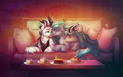 Size: 1200x755 | Tagged: safe, artist:limreiart, derpibooru import, oc, oc:zerus, unofficial characters only, bat pony, zebra, bat pony oc, bat wings, beverage, cake, couch, cup, food, looking at each other, open mouth, pillow, plate, slice of cake, wings, zebra oc
