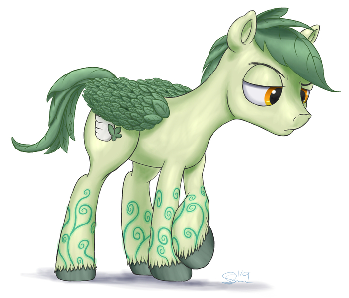 Size: 1413x1206 | Tagged: safe, artist:stillwaterspony, derpibooru import, oc, oc:teajay, unofficial characters only, original species, plant pony, pony, leaf mane, leaf tail, leaf wings, male, plant, solo, transformed, unshorn fetlocks, wings