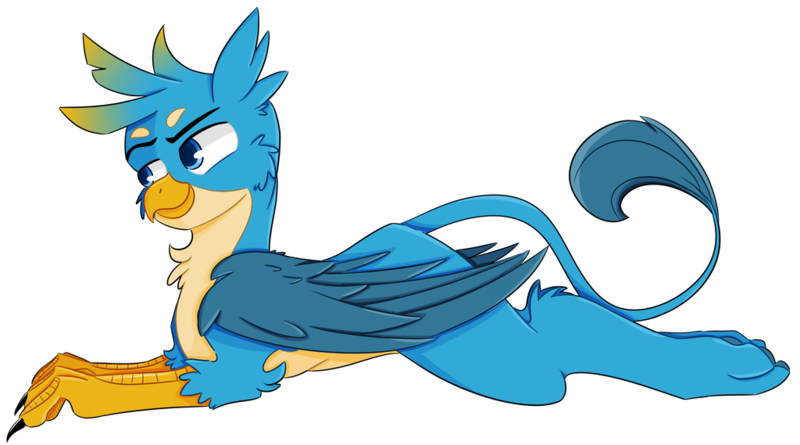 Size: 1024x569 | Tagged: safe, artist:pointdelta, derpibooru import, gallus, gryphon, chest fluff, claws, colored pupils, cute, gallabetes, male, paws, prone, quadrupedal, simple background, solo, sploot, tail, transparent background, wings