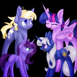 Size: 1024x1024 | Tagged: safe, artist:mewthebubble, derpibooru import, star tracker, twilight sparkle, twilight sparkle (alicorn), oc, oc:dawn light, oc:midnight lantern, alicorn, earth pony, pony, unicorn, black background, blank flank, colored pupils, description is relevant, ear fluff, eyebrows visible through hair, eyes closed, female, male, nose wrinkle, offspring, open mouth, parent:star tracker, parent:twilight sparkle, parents:twitracker, shipping, sibling rivalry, simple background, story included, straight, tongue out, twitracker
