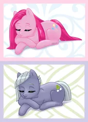 Size: 1280x1770 | Tagged: safe, artist:umafluff, derpibooru import, limestone pie, pinkie pie, pony, commission, cute, cuteamena, diapinkes, duo, eyes closed, female, limabetes, pinkamena diane pie, prone, siblings, sisters, sleeping, ych result