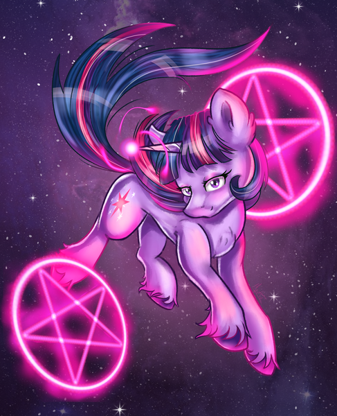 Size: 2193x2702 | Tagged: safe, artist:ilynalta, derpibooru import, twilight sparkle, pony, unicorn, design, ear fluff, female, lidded eyes, magic, mare, night, pentagram, shirt design, solo, stars, unicorn twilight, unshorn fetlocks