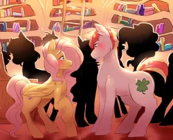 Size: 994x804 | Tagged: safe, artist:spazzyhippie, derpibooru import, fluttershy, oc, oc:lucky charm, pegasus, pony, unicorn, blushing, canon x oc, crush, female, first meeting, first time, flucky, golden oaks library, looking at each other, love, love at first sight, male, mare, party, romantic, shipping, stallion, straight
