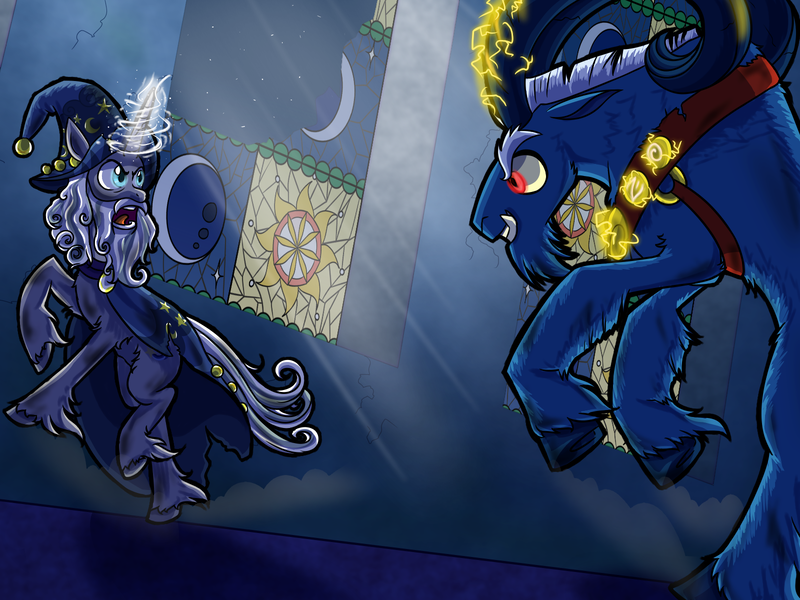 Size: 1600x1200 | Tagged: safe, artist:redahfuhrerking, derpibooru import, grogar, star swirl the bearded, pony, unicorn, castle of the royal pony sisters, cracked horn, evil grin, fight, glowing horn, grin, horn, last stand, magic, night, rearing, smiling