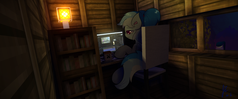 Size: 3440x1440 | Tagged: safe, artist:jerryenderby, derpibooru import, oc, oc:pradashie, pegasus, pony, bookshelf, chair, computer, creeper, ear fluff, minecraft, monitor, mug, ponytail, solo, streetlight, tree, window, wooden walls