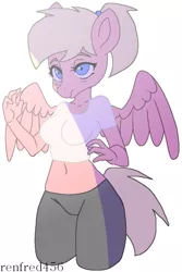 Size: 535x800 | Tagged: anthro, anthro oc, artist:renfred456, belly button, blushing, clothes, compression shorts, derpibooru import, female, leggings, mare, oc, pants, pegasus, safe, shirt, solo, unofficial characters only, wings, workout outfit, yoga pants