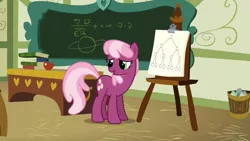 Size: 1280x720 | Tagged: safe, derpibooru import, edit, edited screencap, screencap, cheerilee, earth pony, pony, binary tree, chalkboard, female, lidded eyes, looking back, mare, open mouth, school, smiling, solo, teacher, teaching, whiteboard