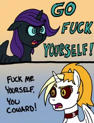 Size: 900x1166 | Tagged: suggestive, artist:pony quarantine, derpibooru import, oc, oc:dyx, oc:nyx, unofficial characters only, alicorn, pony, /mlp/, 2 panel comic, alicorn oc, angry, black sclera, choker, collar, colored sclera, comic, dialogue, female, filly, floppy ears, foreshadowing, frown, glare, gradient background, hilarious in hindsight, horn, open mouth, redraw, scene interpretation, simple background, slit eyes, spread wings, text, vulgar, wings, yelling