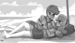 Size: 1500x868 | Tagged: artist:johnjoseco, ask gaming princess luna, barefoot, beach, clothes, derpibooru import, feet, female, grayscale, human, humanized, legs, lesbian, looking at each other, monochrome, safe, scootabelle, scootaloo, shipping, sketch, smiling, sweetie belle