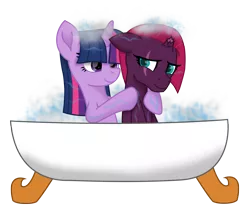 Size: 6122x5062 | Tagged: safe, artist:ejlightning007arts, derpibooru import, fizzlepop berrytwist, tempest shadow, twilight sparkle, pony, unicorn, bath, bathtub, broken horn, bubble bath, claw foot bathtub, cute, eye scar, female, horn, lesbian, scar, shipping, simple background, tempestlight, transparent background, vector, wet, wet mane