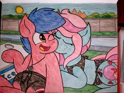 Size: 2560x1920 | Tagged: safe, artist:thebadbadger, derpibooru import, oc, oc:bubblegum, oc:phire demon, pony, kissing