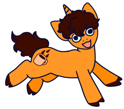 Size: 399x350 | Tagged: safe, artist:guidomista, artist:miiistaaa, artist:nijimillions, derpibooru import, oc, oc:triple shot, pony, unicorn, brunett, brunette, chibi, cloven hooves, curls, curly, curly mane, curly tail, doodle, happy, hooves, horn, jumping, lazy eye, male, open mouth, smiling, solo, stallion