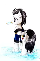 Size: 1878x2818 | Tagged: safe, artist:liaaqila, derpibooru import, oc, oc:pipe dream, unofficial characters only, pegasus, pony, clothes, commission, costume, food, heart, ice cream, kingdom hearts, sea salt ice cream, shadowbolts, shadowbolts costume, water