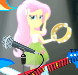 Size: 618x595 | Tagged: safe, derpibooru import, screencap, fluttershy, rainbow dash, equestria girls, rainbow rocks, animated, awesome as i want to be, electric guitar, eyeroll, fluttershy is not amused, gif, guitar, microphone, musical instrument, out of focus, singing, tambourine, unamused