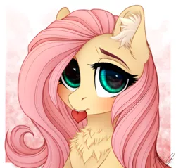 Size: 1980x1890 | Tagged: safe, artist:vird-gi, derpibooru import, fluttershy, pegasus, pony, abstract background, blushing, bust, chest fluff, cute, ear fluff, female, fluffershy, heart, looking at you, mare, mouth hold, portrait, shyabetes, signature, solo, three quarter view