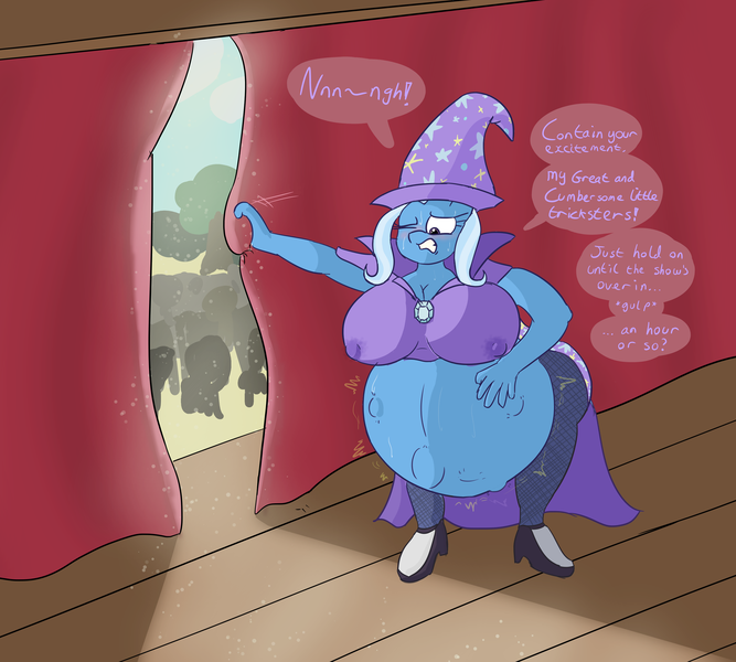 Size: 3336x3000 | Tagged: questionable, artist:comfyplum, derpibooru import, trixie, anthro, unicorn, belly, belly button, bent over, big belly, big breasts, breast milk, breasts, busty trixie, cape, clothes, commission, contractions, crowd, curtains, dialogue, embarrassed, erect nipples, exposed belly, female, hat, huge breasts, hyper, hyper belly, hyper pregnancy, imminent birth, impossibly large belly, kicking, labor, lactation, milk, nipple outline, outie belly button, pregnant, stage