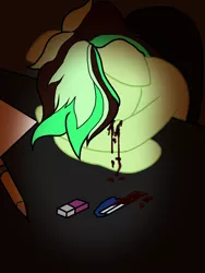 Size: 768x1024 | Tagged: semi-grimdark, artist:sorrowfuldownpour, derpibooru import, oc, oc:gloomy feathers, pony, cutting, depression, despair, headdesk, pain, sad, self harm, self insert