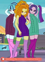 Size: 578x800 | Tagged: suggestive, artist:chancero, derpibooru import, adagio dazzle, aria blaze, sonata dusk, equestria girls, armpits, backless, clothes, logo, looking at you, open-back sweater, patreon, patreon logo, sleeveless, sleeveless sweater, socks, stockings, sweater, the dazzlings, thigh highs, virgin killer sweater, watermark