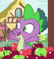 Size: 491x540 | Tagged: safe, derpibooru import, screencap, spike, dragon, triple threat, apple, arms wide open, baby, baby dragon, claws, cropped, cute, food, house, looking at something, male, open mouth, ponyville, smiling, solo, spikabetes, tree, window