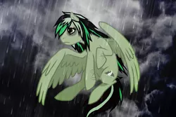 Size: 877x586 | Tagged: artist needed, safe, artist:sorrowfuldownpour, derpibooru import, oc, oc:gloomy feathers, pony, rain, sad, scar, trace