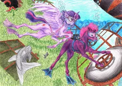 Size: 1280x902 | Tagged: safe, artist:mirdal, derpibooru import, tempest shadow, twilight sparkle, twilight sparkle (alicorn), alicorn, fish, octopus, pony, unicorn, airship, broken horn, bubble, diving goggles, duo, duo female, female, flippers, horn, rebreather, scuba, scuba diving, scuba mask, traditional art, underwater