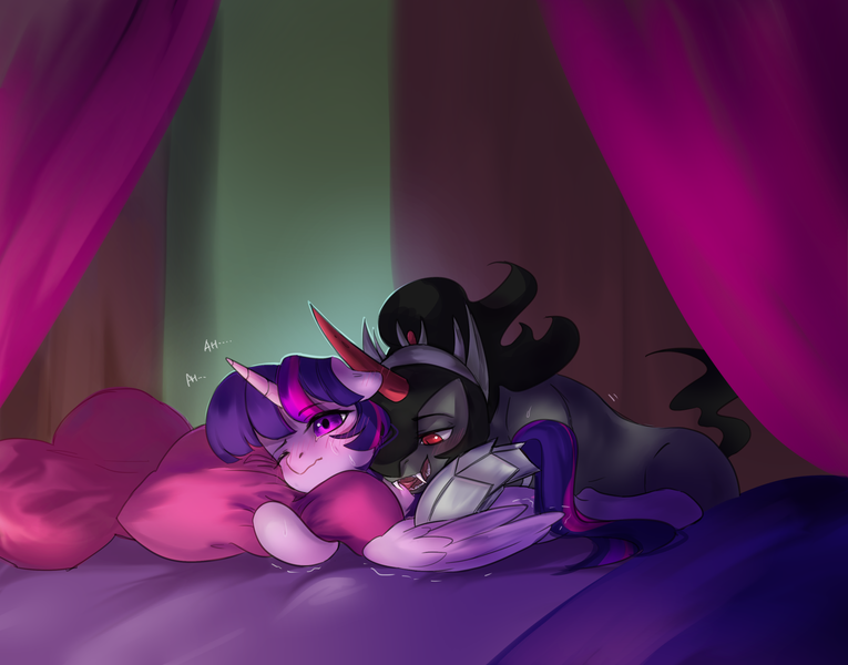 Size: 3120x2448 | Tagged: suggestive, artist:tingsan, derpibooru import, king sombra, twilight sparkle, twilight sparkle (alicorn), alicorn, pony, bed, blushing, blushing ears, fangs, female, floppy ears, male, nibbling, one eye closed, shipping, shivering, smiling, straight, sweat, sweatdrops, twibra, wavy mouth