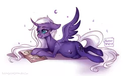 Size: 1652x1002 | Tagged: safe, artist:rottengotika, derpibooru import, oc, oc:star nebula moon, alicorn, pony, alicorn oc, book, curved horn, cute, female, horn, long hair, long tail, mare, pregnant, reading, solo, wings