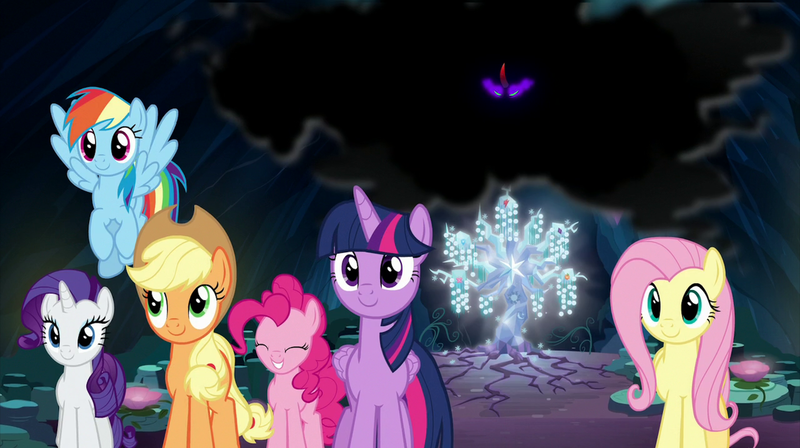 Size: 2000x1119 | Tagged: safe, derpibooru import, screencap, applejack, fluttershy, king sombra, pinkie pie, rainbow dash, rarity, tree of harmony, twilight sparkle, twilight sparkle (alicorn), alicorn, earth pony, pegasus, pony, unicorn, the beginning of the end, cave, female, glowing eyes, impending doom, mane six, mare, smiling, smoke