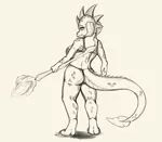 Size: 2836x2480 | Tagged: anthro, artist:exelzior, ass, back, bloodstone scepter, bra, breasts, busty princess ember, butt, clothes, derpibooru import, digitigrade anthro, dragon, dragon lord ember, female, full body, lidded eyes, looking at you, monochrome, nudity, panties, princess ember, questionable, solo, solo female, underwear, wingless, wingless anthro