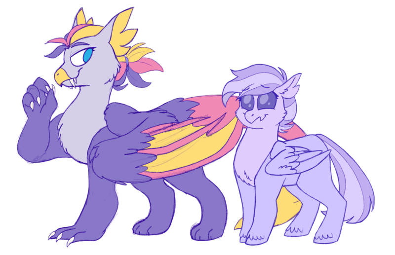 Size: 1280x827 | Tagged: safe, artist:sandwichbuns, derpibooru import, oc, oc:fire lily, oc:lovebug, unofficial characters only, dragon, dragriff, gryphon, half-dragon, half-griffon, hybrid, pony, interspecies offspring, magical lesbian spawn, offspring, parent:gallus, parent:ocellus, parent:silverstream, parent:smolder, parents:ocelstream, parents:smollus, simple background, transparent background