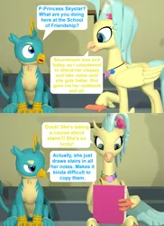 Size: 1575x2160 | Tagged: safe, artist:red4567, derpibooru import, gallus, princess skystar, silverstream, classical hippogriff, gryphon, hippogriff, my little pony: the movie, 3d, comic, duo, female, implied silverstream, male, notebook, source filmmaker, speech bubble, stairs, substitute, that hippogriff sure does love stairs