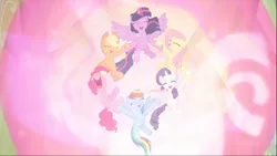 Size: 1746x982 | Tagged: safe, derpibooru import, screencap, applejack, fluttershy, pinkie pie, rainbow dash, rarity, twilight sparkle, twilight sparkle (alicorn), alicorn, earth pony, pegasus, pony, unicorn, the beginning of the end, applejack's hat, cowboy hat, cropped, cute, ethereal mane, eyes closed, female, floating, glowing horn, hat, holding hooves, horn, magic, magic of friendship, mane six, mare, nose in the air, open mouth, smiling, spread wings, wings