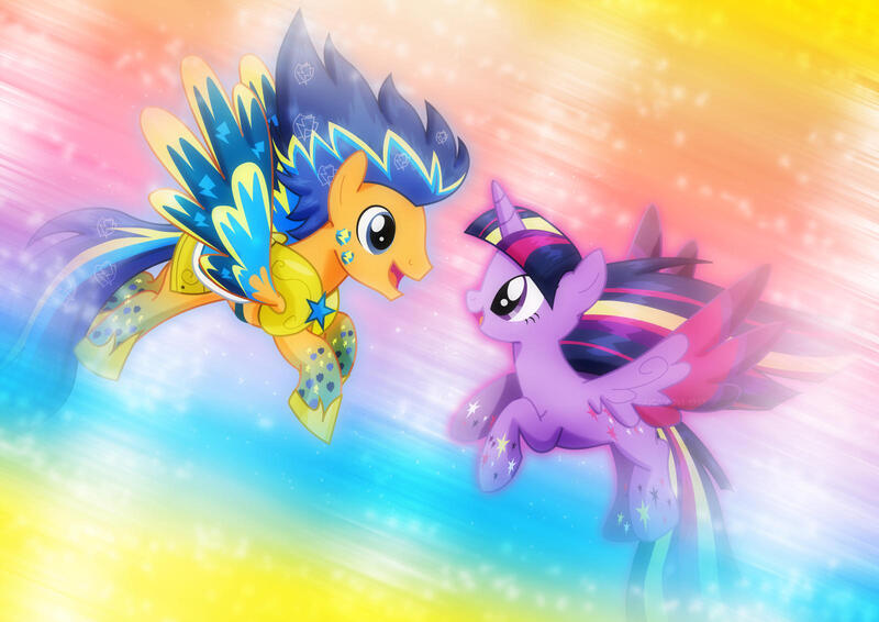 Size: 1600x1132 | Tagged: safe, artist:jucamovi1992, derpibooru import, flash sentry, twilight sparkle, twilight sparkle (alicorn), alicorn, pegasus, pony, colored wings, couple, female, flashlight, love, male, multicolored wings, rainbow power, rainbow power-ified, rainbow wings, shipping, straight, wings