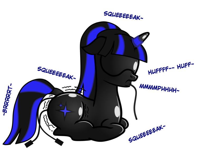 Size: 6700x4700 | Tagged: questionable, alternate version, artist:severity-gray, derpibooru import, oc, oc:coldlight bluestar, unofficial characters only, pony, bdsm, blindfold, bondage, clothes, cradle suit, dildo, encasement, female, femsub, gag, horn, horn ring, image, latex, latex suit, magic suppression, muffled moaning, onomatopoeia, png, ring, sex toy, simple background, submissive, suit, transparent background, vibrator
