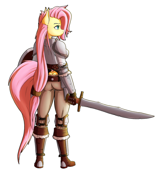 Size: 1674x1839 | Tagged: anthro, armor, artist:ikarooz, badass, boots, butt crack, clothes, derpibooru import, female, flutterbadass, fluttershy, knight, mare, safe, shoes, simple background, solo, sword, weapon