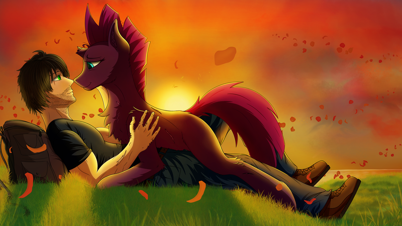 Size: 1920x1080 | Tagged: safe, artist:crimsonwolf360, derpibooru import, tempest shadow, oc, human, pony, unicorn, backpack, boop, canon x oc, female, grass, human oc, mare, noseboop, ocean, rose petals, sunset, warm