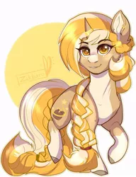 Size: 737x960 | Tagged: safe, artist:zakkurro, derpibooru import, oc, oc:honeyside, pony, unicorn, braid, colored hooves, ear piercing, elf pony, horn, horn ring, jewelry, looking at you, piercing, ring, solo, unicorns as elves