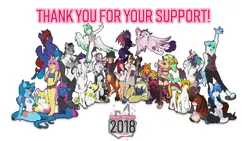 Size: 6000x3378 | Tagged: safe, artist:sugarlesspaints, derpibooru import, oc, oc:calpain, oc:camber, oc:dandelion blossom, oc:dawn sentry, oc:shampoo, oc:takara, oc:trisk, unofficial characters only, alicorn, anthro, bat pony, digitigrade anthro, dog, earth pony, goat, gryphon, human, kangaroo, pegasus, plantigrade anthro, pony, unguligrade anthro, unicorn, zebra, 2018, alicorn oc, anthro with ponies, arm behind head, armpits, bat pony oc, bat wings, bikini, blushing, bow, braid, cheerleader, chest fluff, clothes, ear piercing, earbuds, earring, earth pony oc, fishnets, flying, furry, glasses, griffon oc, group photo, hair bow, hat, hoodie, horn, jewelry, kneeling, lab coat, looking up, metal claws, nail polish, non-mlp oc, one eye closed, paws, peace sign, peace symbol, pegasus oc, piercing, raised hoof, sandals, simple background, sitting, swimsuit, tattoo, toenails, top hat, underpaw, unicorn oc, unshorn fetlocks, watch, white background, wings, wink, wristwatch, zebra oc