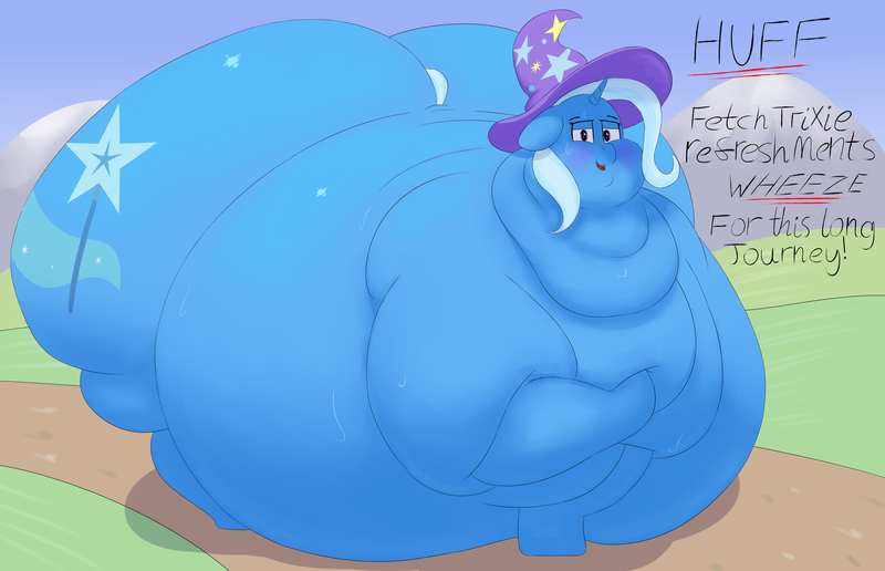 Size: 4000x2580 | Tagged: questionable, artist:lupin quill, derpibooru import, trixie, pony, bedroom eyes, belly, big belly, bingo wings, butt, chubby cheeks, dialogue, fat, fat trixie, female, flabby chest, huge belly, huge butt, imminent heart attack, immobile, impossibly large belly, impossibly large butt, impossibly obese, large butt, looking at you, morbidly obese, multichin, near immobile, obese, open mouth, panting, plot, rolls of fat, solo, solo female, sweat, sweatdrop, talking to viewer, the great and bountiful trixie, the great and powerful ass