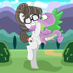 Size: 3824x3824 | Tagged: safe, artist:superhypersonic2000, derpibooru import, raven, spike, dragon, pony, unicorn, dancing, female, glasses, hair bun, happy, hug, interspecies, male, mare, pixel art, ravenspike, shipping, straight, winged spike, wings