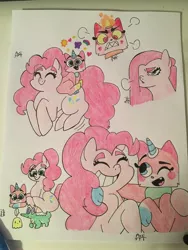 Size: 3024x4032 | Tagged: safe, artist:ausilotus, artist:sharpuppeteeth, derpibooru import, gummy, pinkie pie, alligator, earth pony, pony, angry, angry kitty, crossover, eyes closed, female, happy, lego, mare, pet pet, pinkamena diane pie, sketch, sketch dump, smiling, sparkle matter, the lego movie, traditional art, unikitty, unikitty! (tv series)