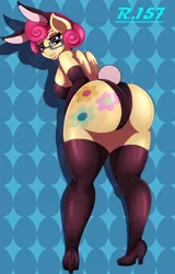 Size: 1600x2500 | Tagged: anthro, artist:renegade-157, ass, big breasts, breasts, bunny suit, busty posey shy, butt, clothes, commission, derpibooru import, easter, female, high heels, holiday, huge butt, large butt, leotard, looking at you, looking back, looking back at you, milf, posey shy, rear view, shoes, socks, solo, solo female, stockings, suggestive, thigh highs