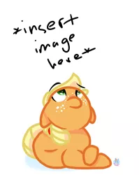 Size: 902x1135 | Tagged: safe, artist:rainbow eevee, derpibooru import, applejack, pony, cute, female, filly, filly applejack, floppy ears, freckles, hooves, insert picture here, jackabetes, looking at something, looking up, prone, simple background, solo, younger