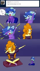 Size: 2000x3566 | Tagged: safe, artist:jake heritagu, derpibooru import, adagio dazzle, oc, oc:sparkling sapphire, comic:aria's archives, equestria girls, baby, babysitting, clothes, comic, dab, magical lesbian spawn, midriff, offspring, parent:sci-twi, parent:sunset shimmer, parents:scitwishimmer, pony ears