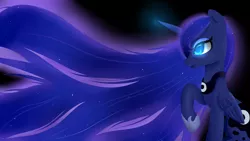 Size: 1920x1080 | Tagged: safe, artist:suziouwabami, derpibooru import, princess luna, pony, black background, colored pupils, cute, ethereal mane, glowing mane, hoof shoes, long mane, lunabetes, profile, simple background, solo, starry mane