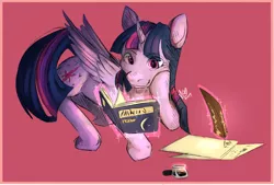 Size: 5902x4000 | Tagged: safe, artist:magentell, derpibooru import, twilight sparkle, twilight sparkle (alicorn), alicorn, pony, absurd resolution, book, bookhorse, experimental style, female, inkwell, levitation, magic, paper, pink background, quill, simple background, solo, telekinesis