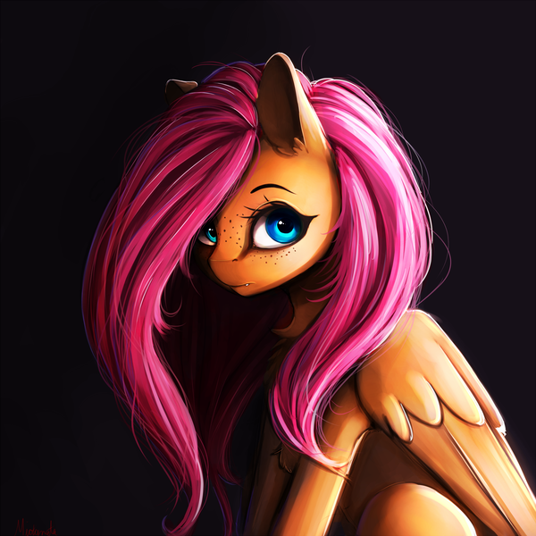 Size: 2000x2000 | Tagged: safe, artist:miokomata, derpibooru import, fluttershy, pegasus, pony, cute, cute little fangs, fangs, female, mare, redraw, solo